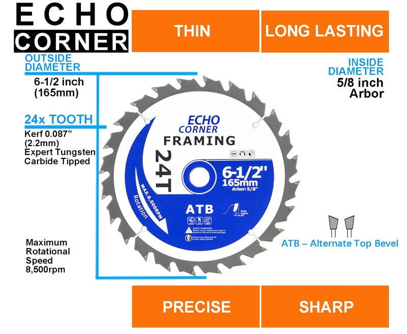 Echo Corner 6-1/2 Inch Ciruclar Saw Blade Heavy Duty 24T/60T Combo Pack, Fast Finishing Fine Cut Crosscut Framing Ripping Laminate Plywood Plastic Lumber, 5/8" Arbor - Image 3